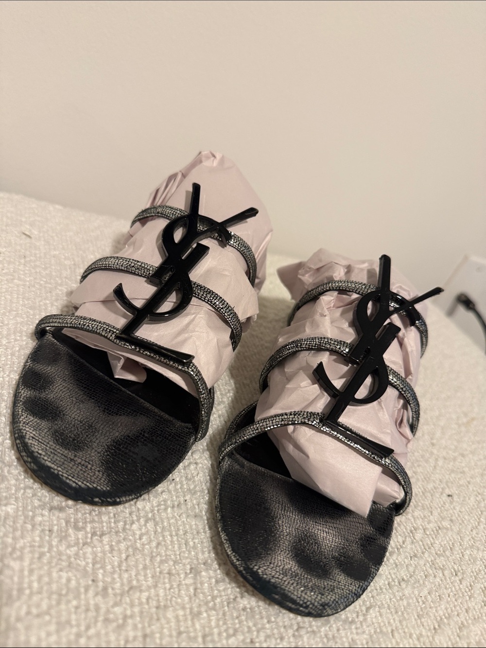Saint Laurent Black Rhinestone Logo Strappy Slides